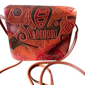 Purse Leather Mini Crossbody Clutch Boho Vintage Inspired Embossed Bird Rust Tan